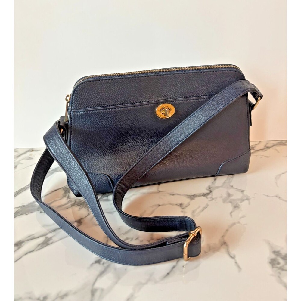 Small Navy Faux Leather Cross Bocy Purse With Gold Metal Accents